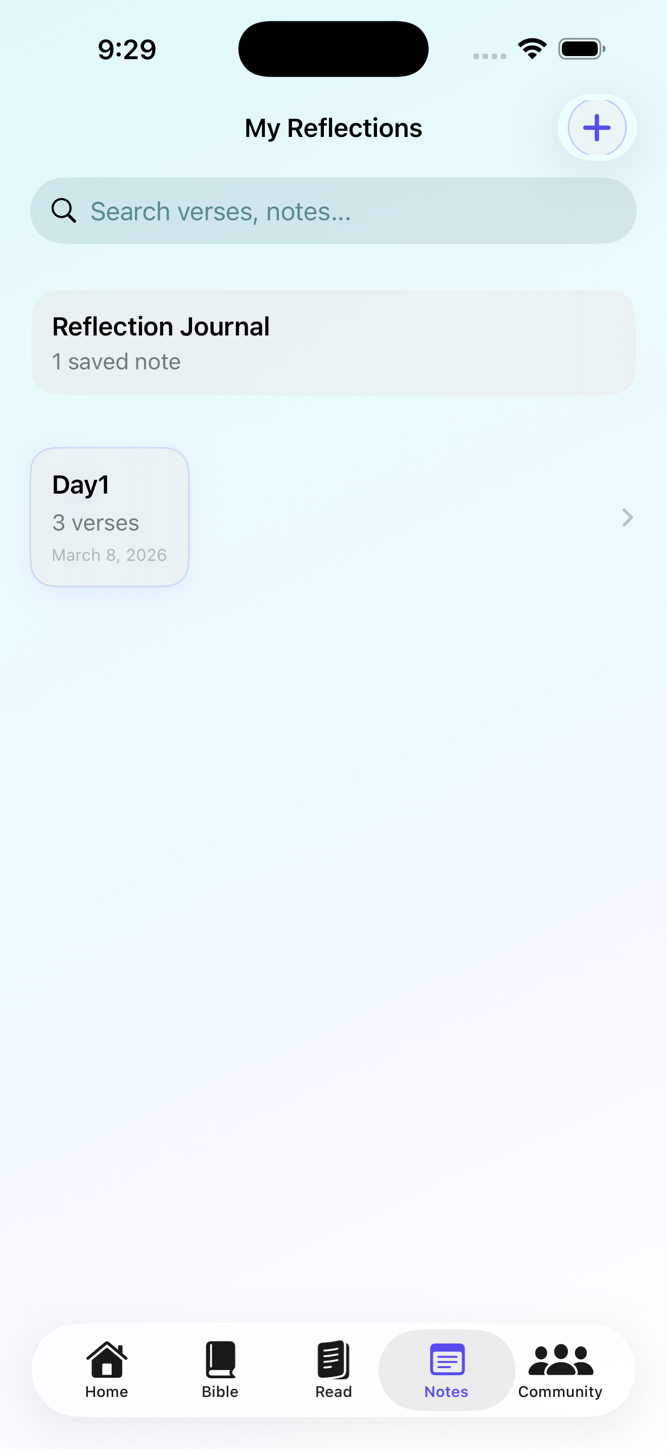 Athmana My Reflections list on iPhone showing Reflection Journal and Day1 entry